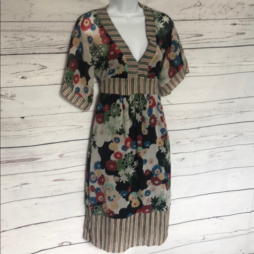 Layered Floral/Striped Dress w/Black Slip SzM